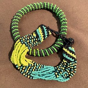 Pair of 2 Gorgeous Handmade Beaded Bracelets from Africa Green & Blue Authentic